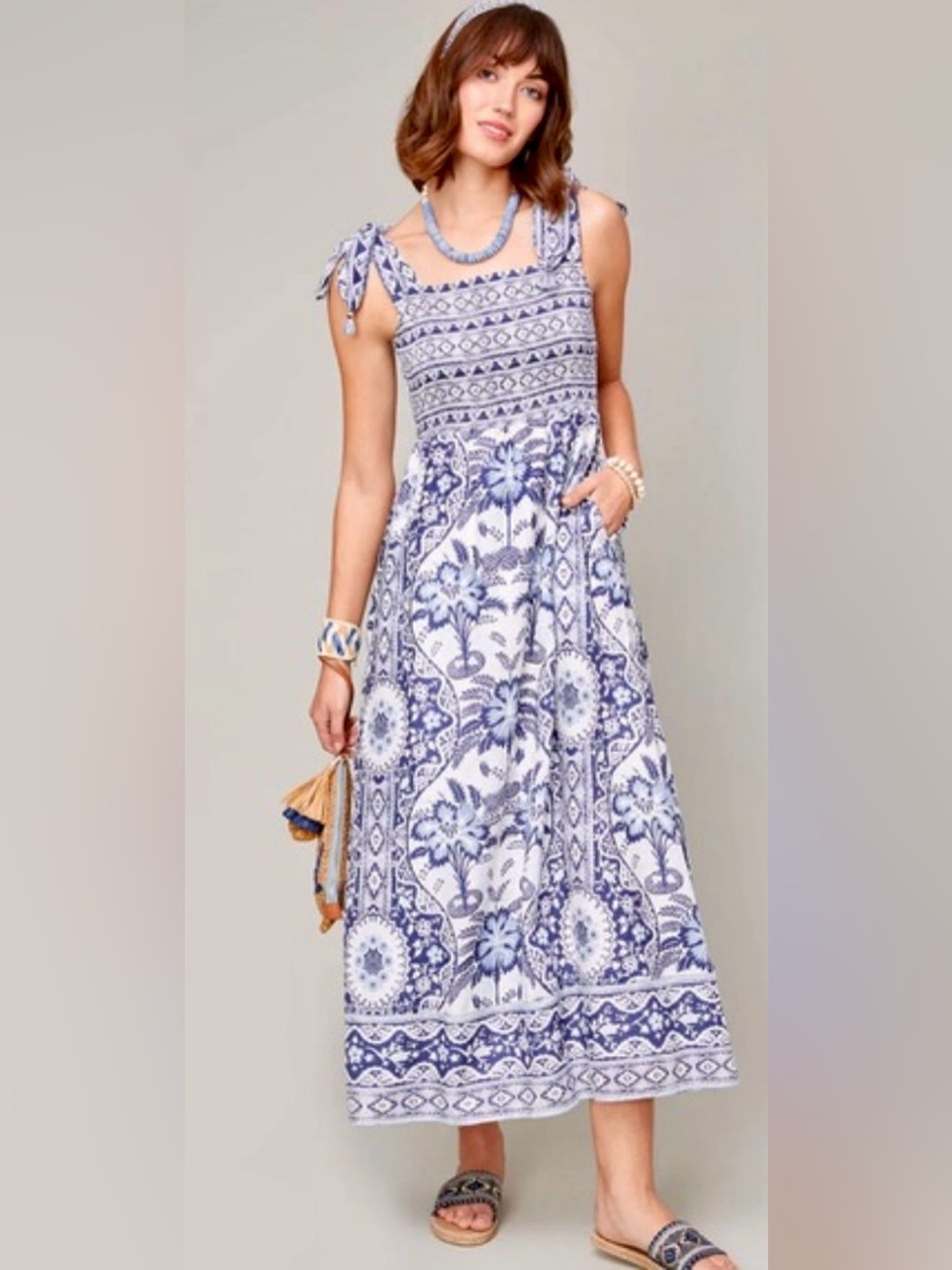 Spartina 449 Saylor Dress. Blue and White Printed Tie-Shoulder Maxi